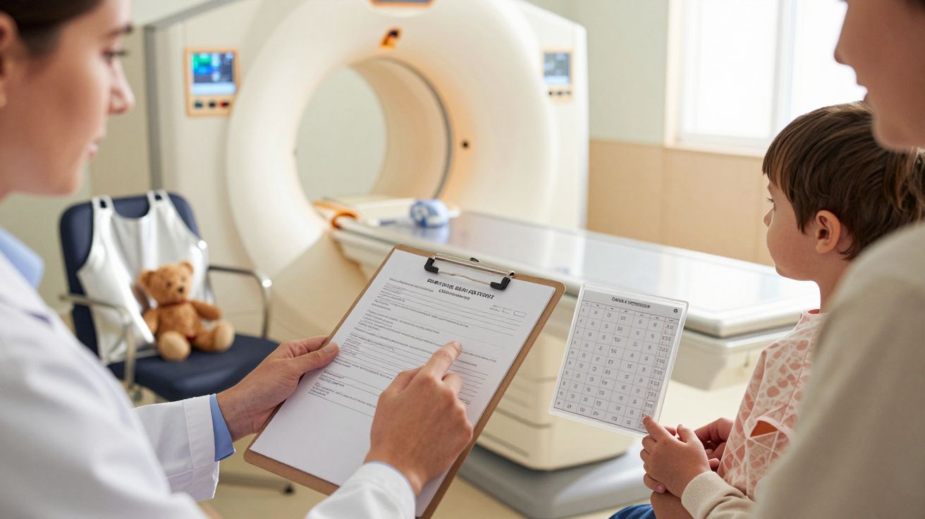 Profissional de saúde explica exame a criança sentada ao lado de uma máquina de ressonância magnética.