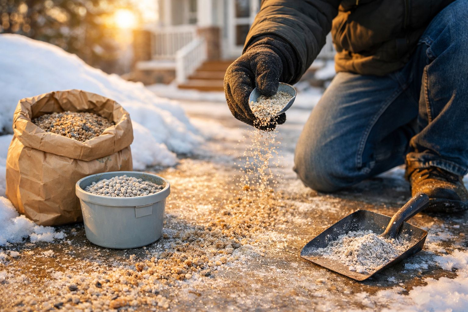 Pessoa a espalhar sal num caminho gelado e coberto de neve, com balde e pá ao lado.
