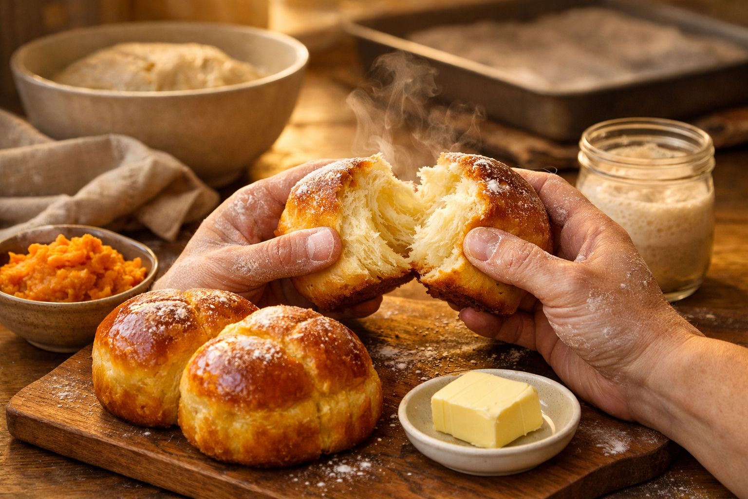 Mãos rasgando pão fresco sobre tábua de madeira com manteiga, puré e mais pães ao fundo.
