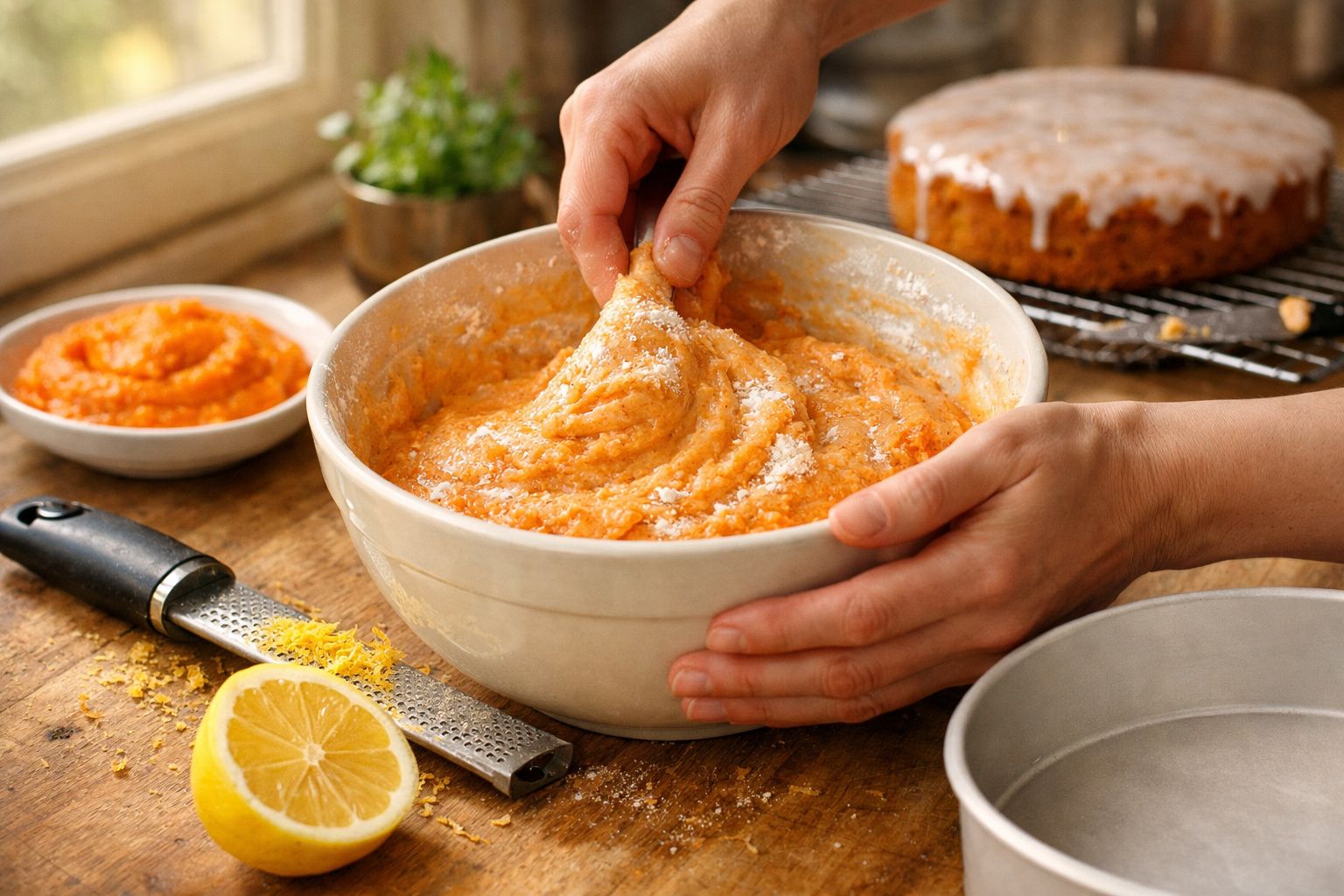 Mãos misturam massa de bolo cor de laranja numa taça. Limão e raspas ao lado. Bolo com cobertura ao fundo.