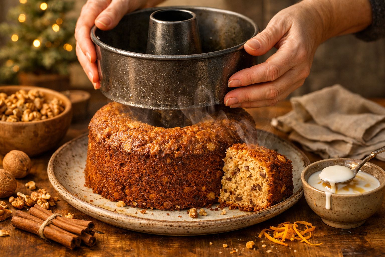 Bolo de nozes com caramelo, recém cortado, sobre tábua de madeira, com uma mão segurando uma fatia.