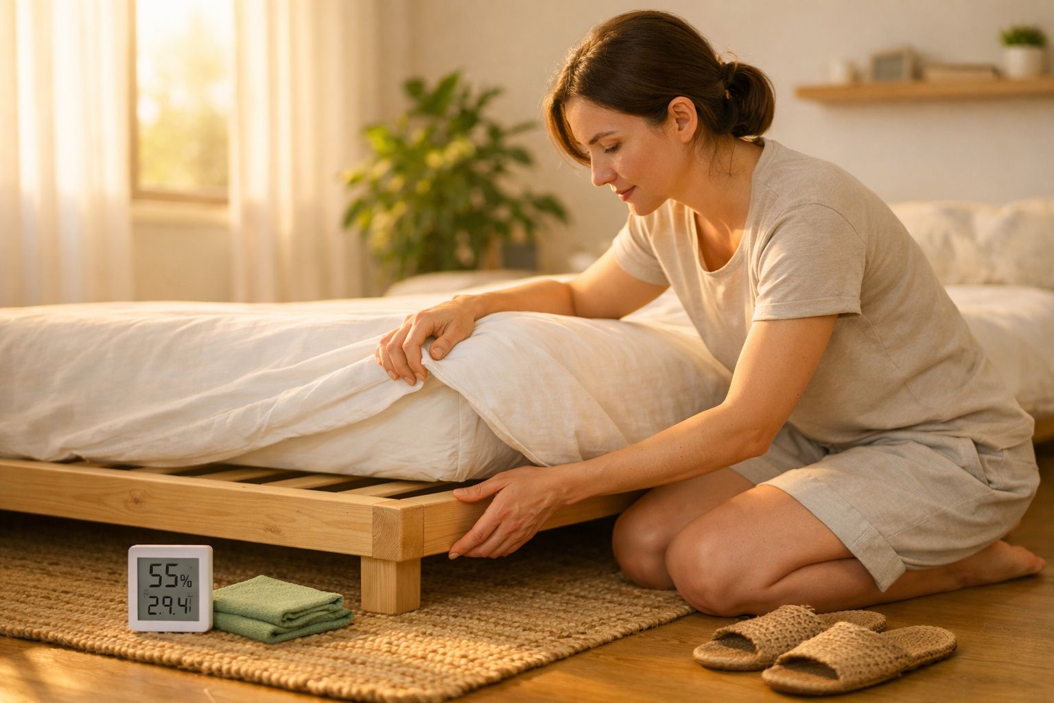 Mulher arruma a cama num quarto iluminado, com termómetro e toalhas no chão.