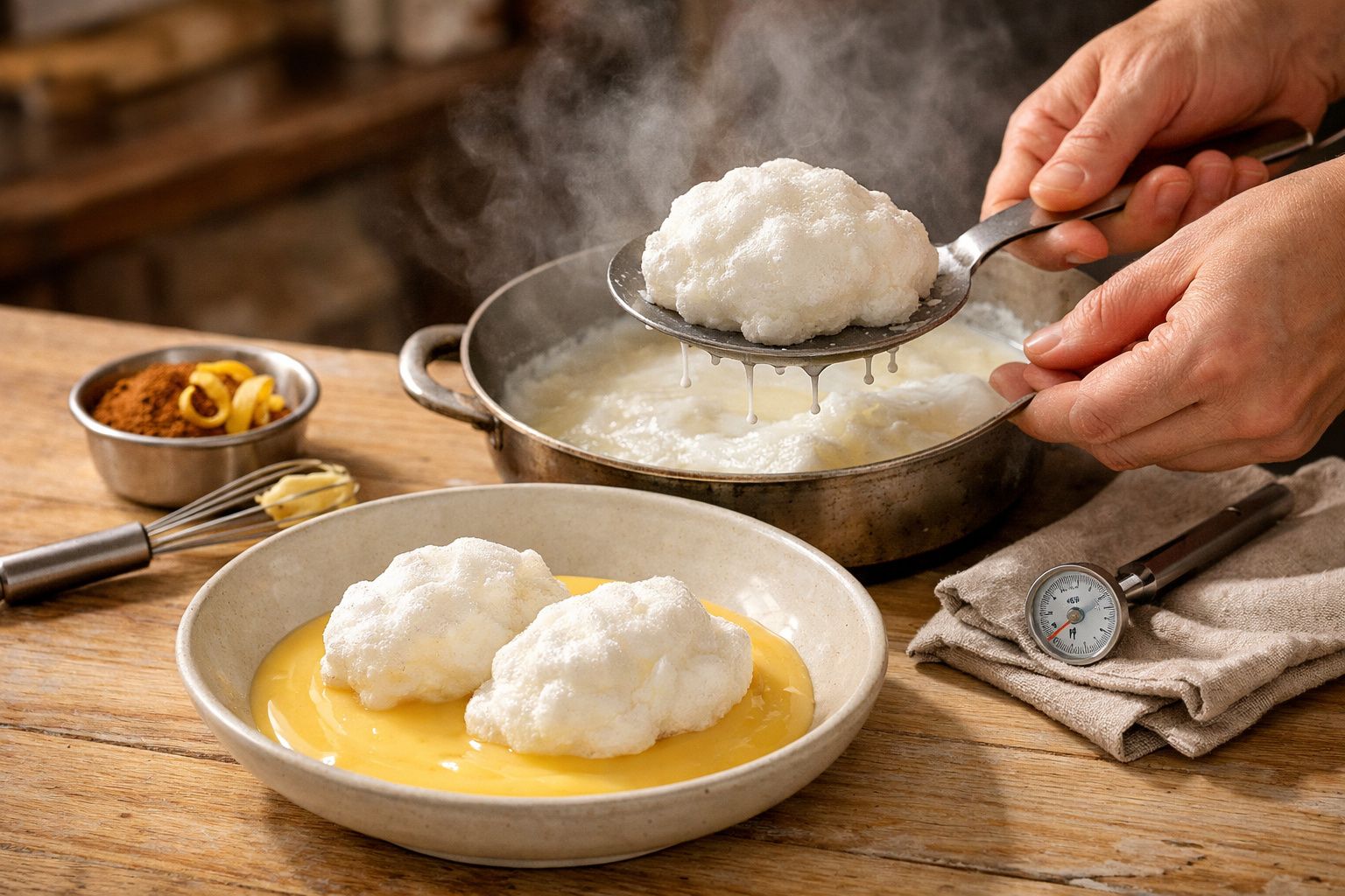 Mãos preparando farófias em creme com tacho ao fundo, rodeado de ingredientes e utensílios culinários.