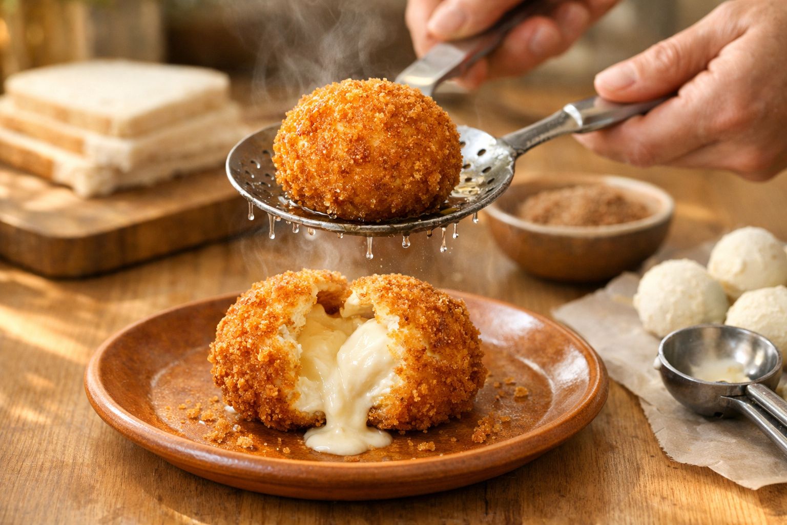 Mãos fritam bola de queijo empanada em óleo borbulhante, com pão e farinha de rosca ao lado.