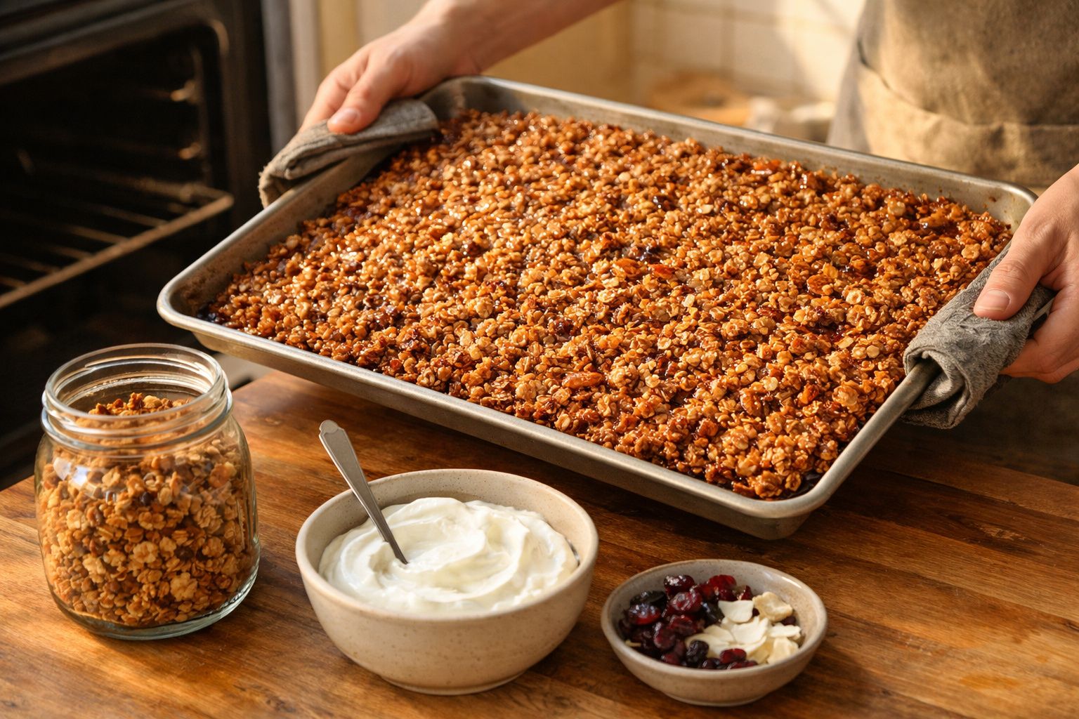 Bandeja de granola dourada recém-saída do forno, ao lado de iogurte cremoso e taça com frutas secas.