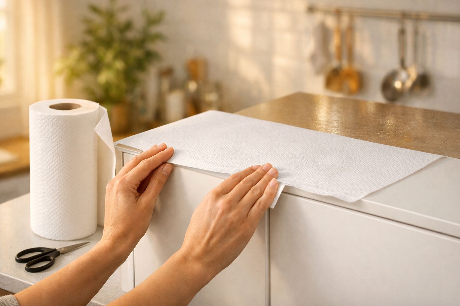 Mãos colocam toalha de papel sobre superfície de móvel na cozinha, com rolo de papel e tesoura ao lado.