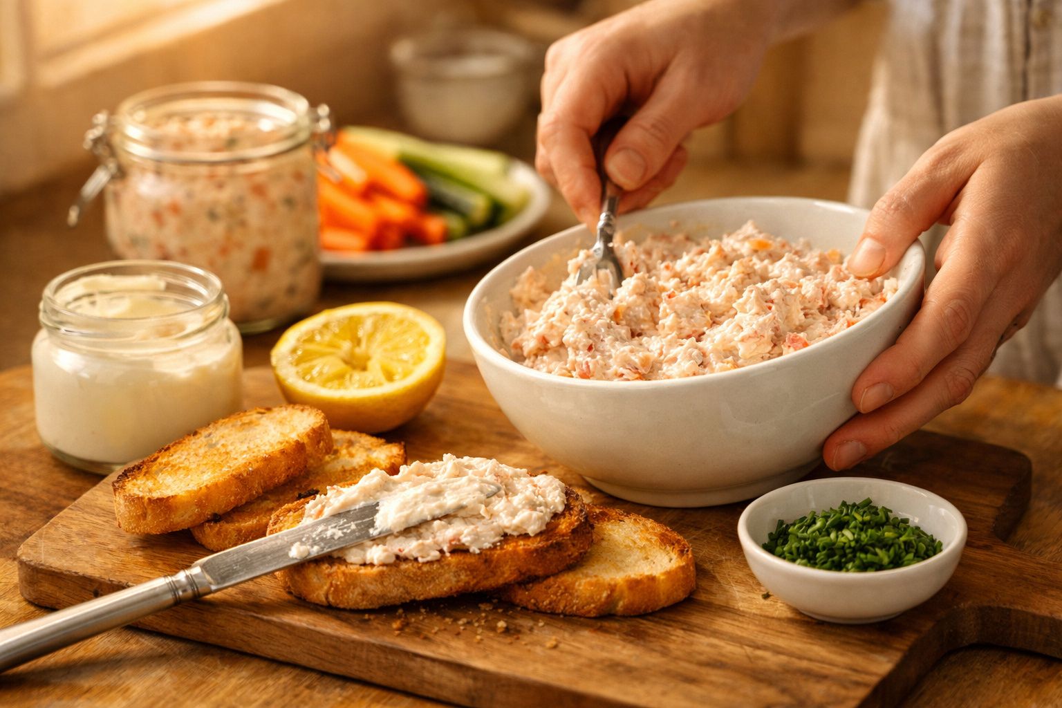Mãos a preparar patê de peixe numa tigela branca, com pão tostado, limão, cebolinho e vegetais ao fundo.