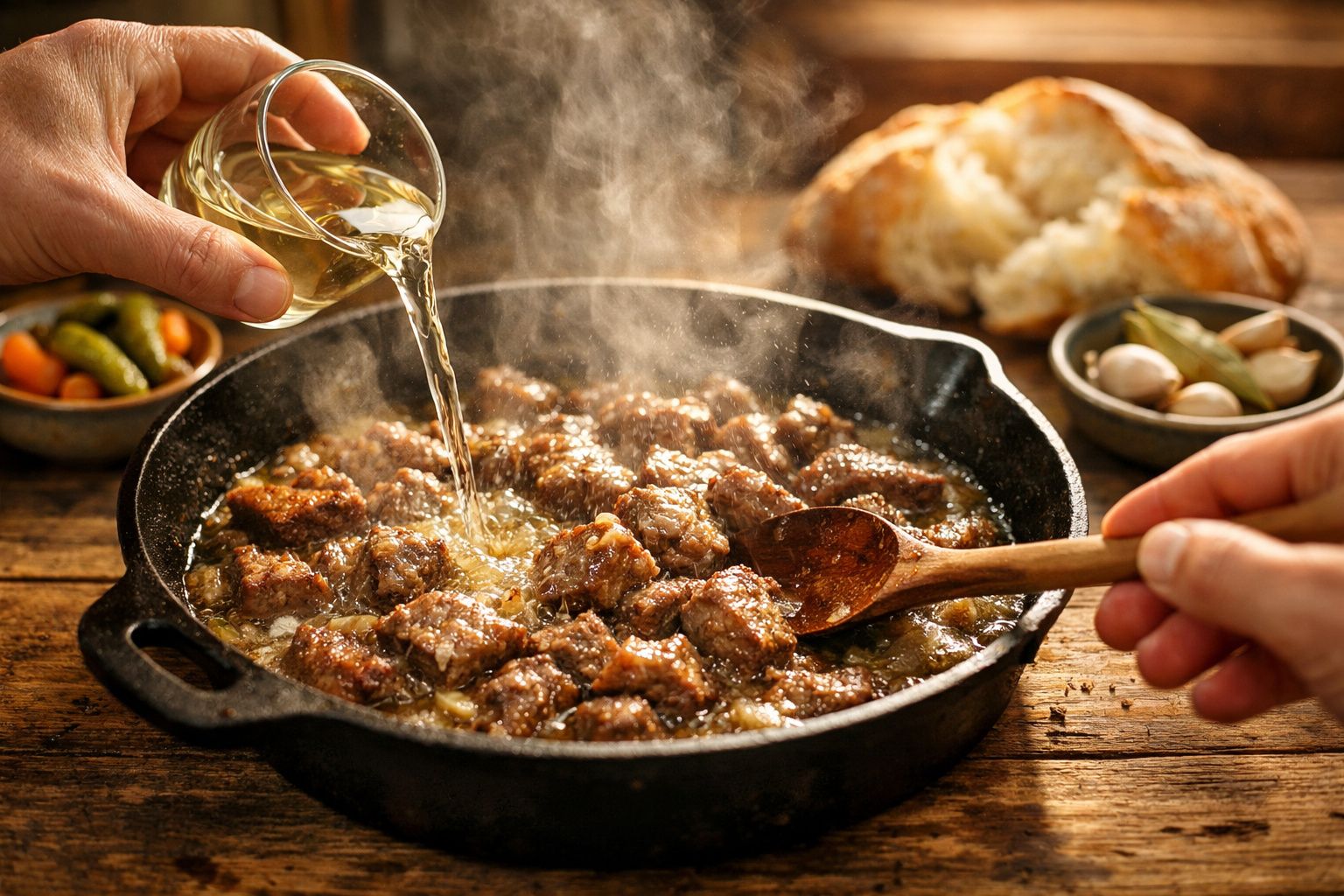Carne a cozinhar numa frigideira de ferro fundido, com óleo a ser adicionado e pão fresco ao fundo.