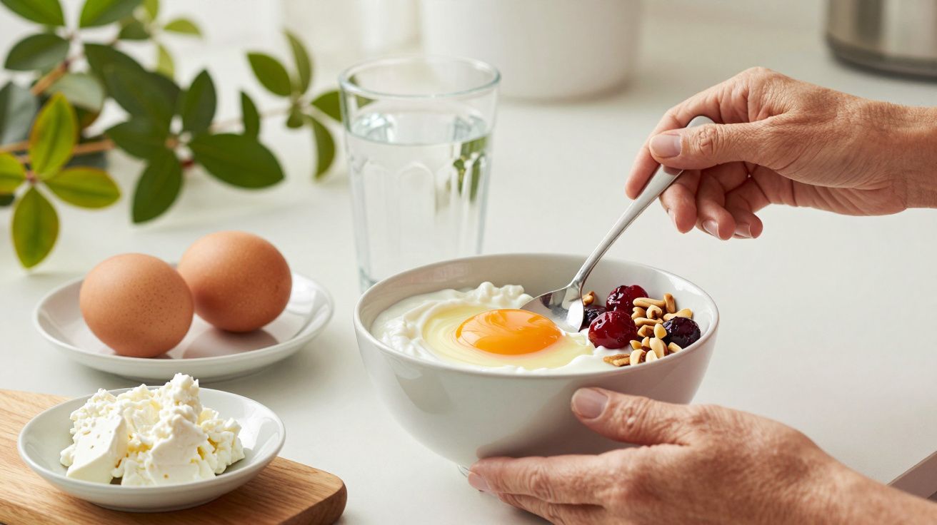 Mãos seguram tigela de iogurte com ovo, nozes e frutas. Ao lado, ovos inteiros, água e queijo cottage num balcão.