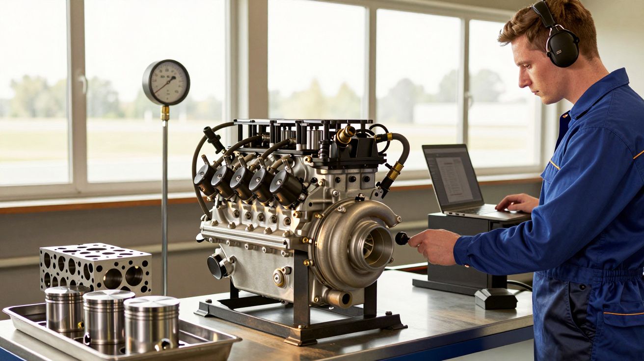 Engenheiro de macacão azul a trabalhar num motor automóvel em bancada de teste, com auriculares e computador portátil.