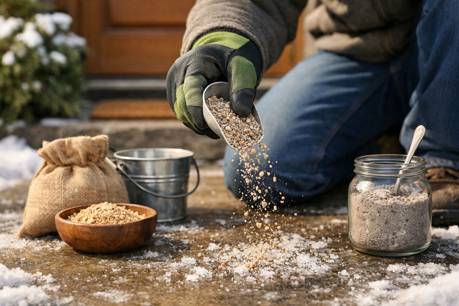 Pessoa usando pá para espalhar sal em calçada gelada, próximo a sacos e balde de metal.