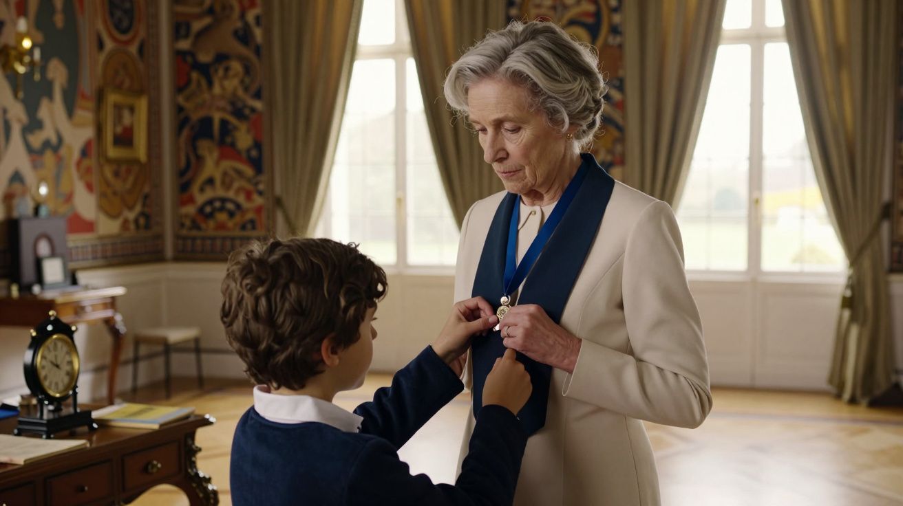 Menino coloca medalha em mulher idosa numa sala elegante com cortinas douradas e parede decorativa.
