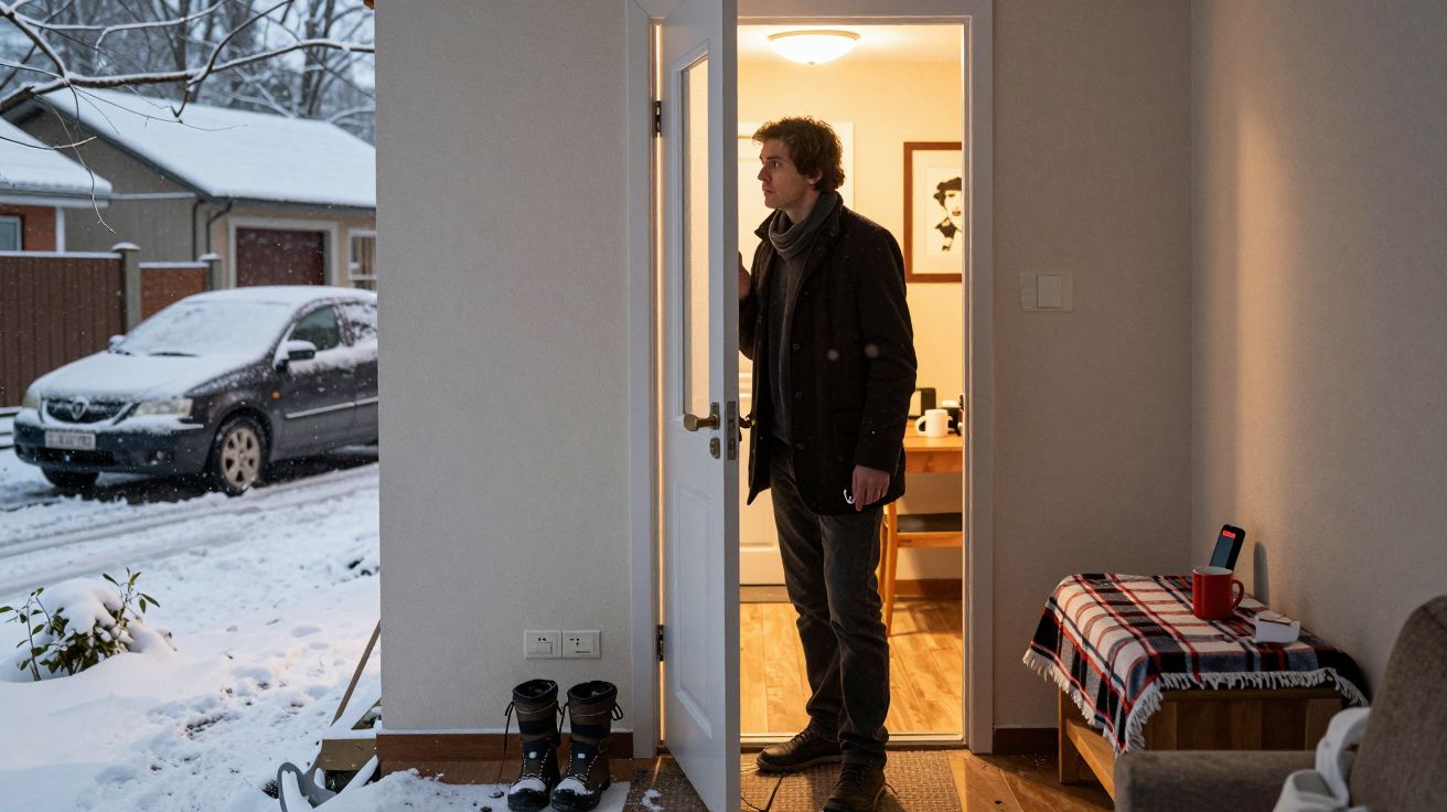 Homem entra em casa pela porta, com neve no exterior. Casaco e cachecol pendurados, carro estacionado ao lado.