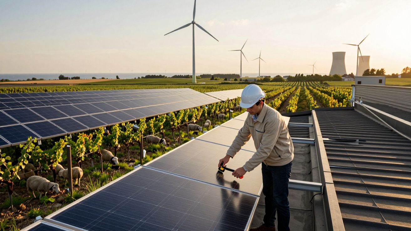 Pessoa a inspecionar painéis solares num campo com turbinas eólicas ao fundo, ovelhas a pastar entre as vinhas.
