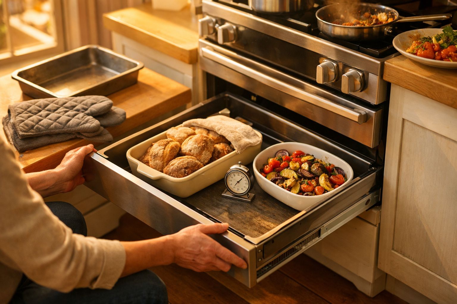 Pessoa a abrir uma gaveta de forno com pão, legumes assados e relógio de cozinha, num espaço iluminado.