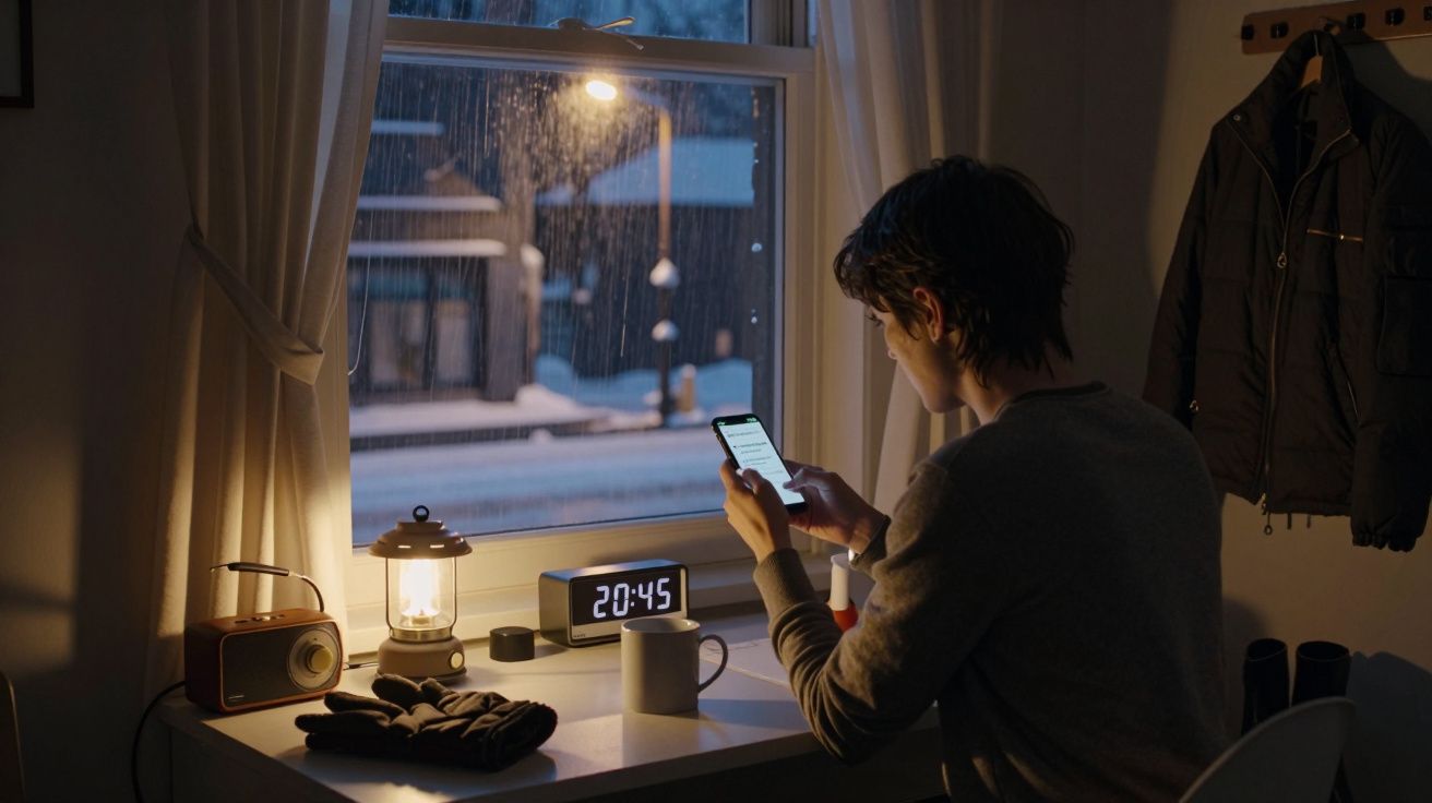 Jovem sentado à secretária usando telemóvel, com janela a mostrar noite nevada. Relógio e lanterna sobre a mesa.