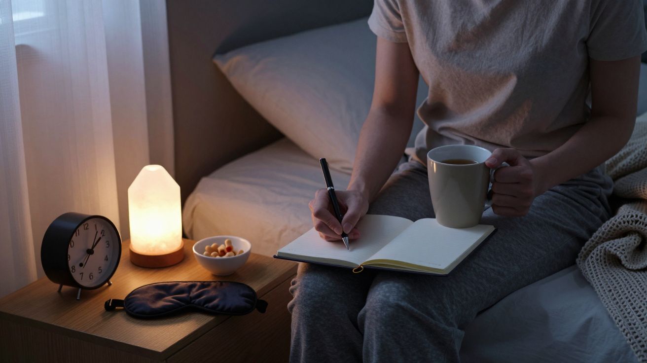 Pessoa a escrever num caderno com uma caneca na mão, ao lado de abajur, relógio e máscara de dormir.