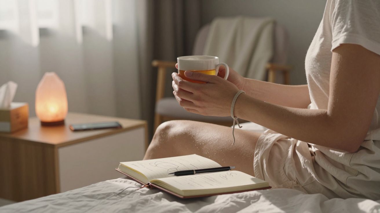 Pessoa sentada na cama, segura uma chávena perto de um caderno aberto e caneta, com luz suave na mesa de cabeceira.