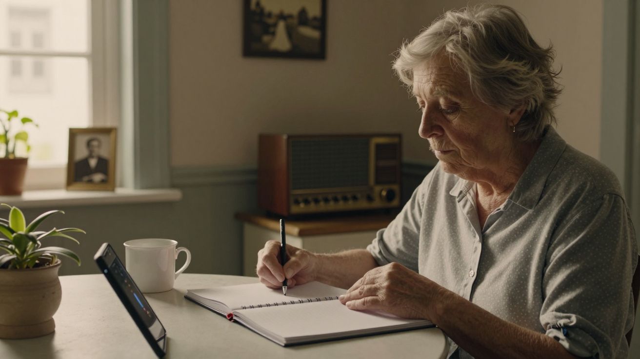 Idosa escrevendo num caderno em mesa com chávena, planta e fotos antigas. Rádio antigo ao fundo.