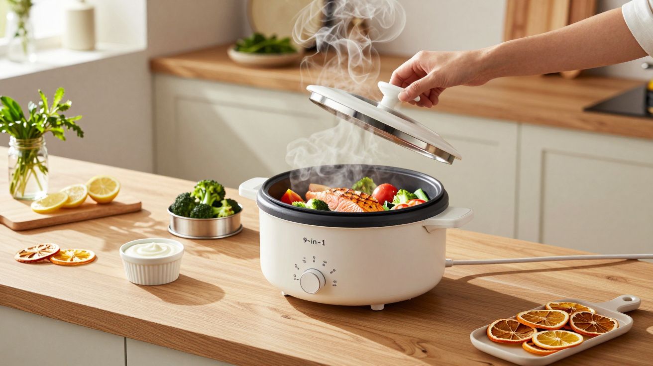 Pessoa a levantar tampa de panela elétrica a vapor com legumes e salmão, numa cozinha iluminada pelo sol.