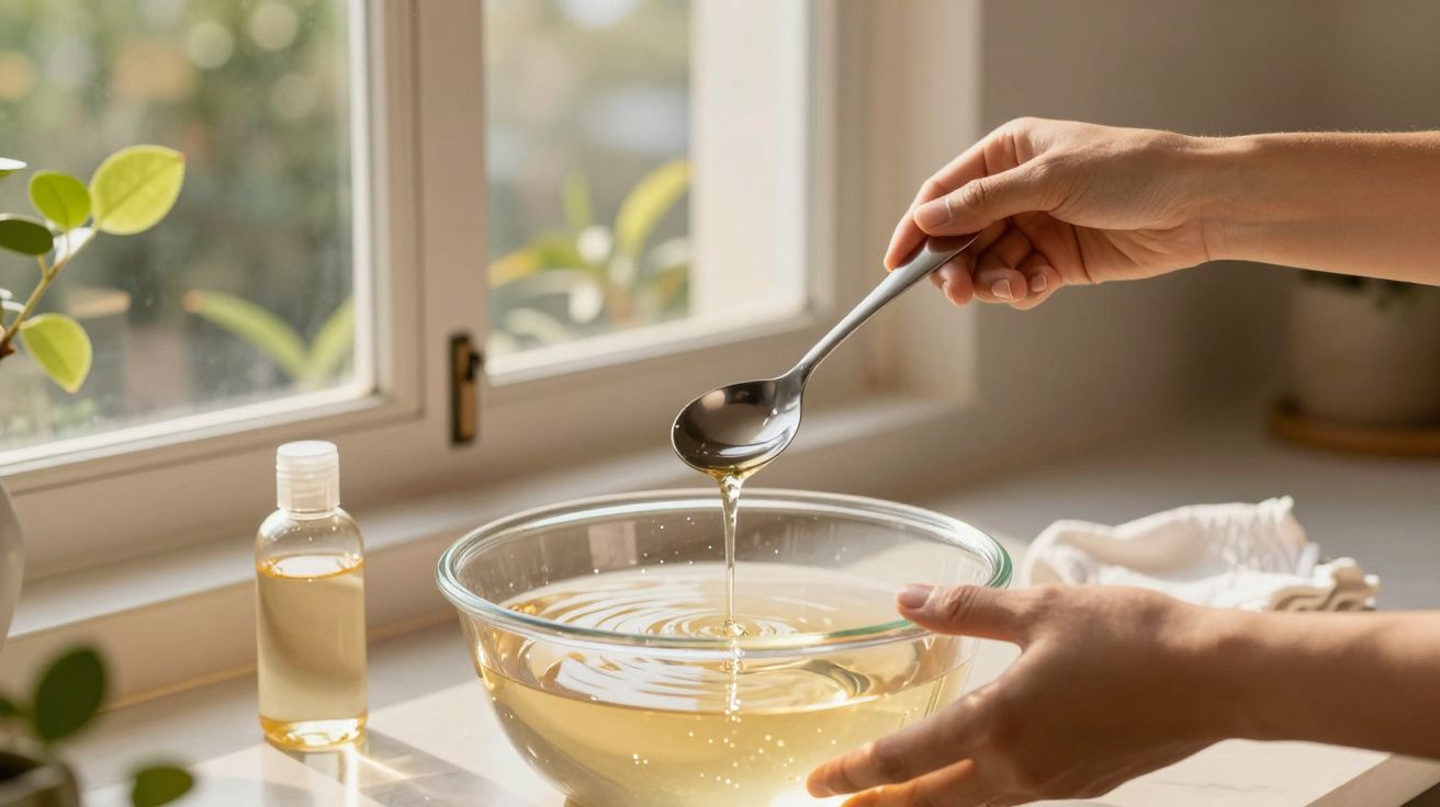 Mãos seguram colher sobre uma taça de vidro com líquido dourado, perto de janela iluminada por sol.