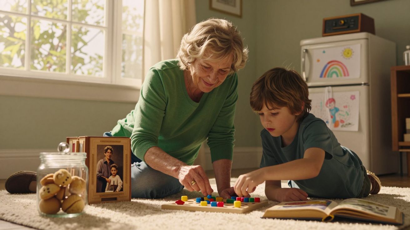 Avó e neto brincam no chão com jogo de blocos coloridos, rodeados por livros e fotos, em sala iluminada.