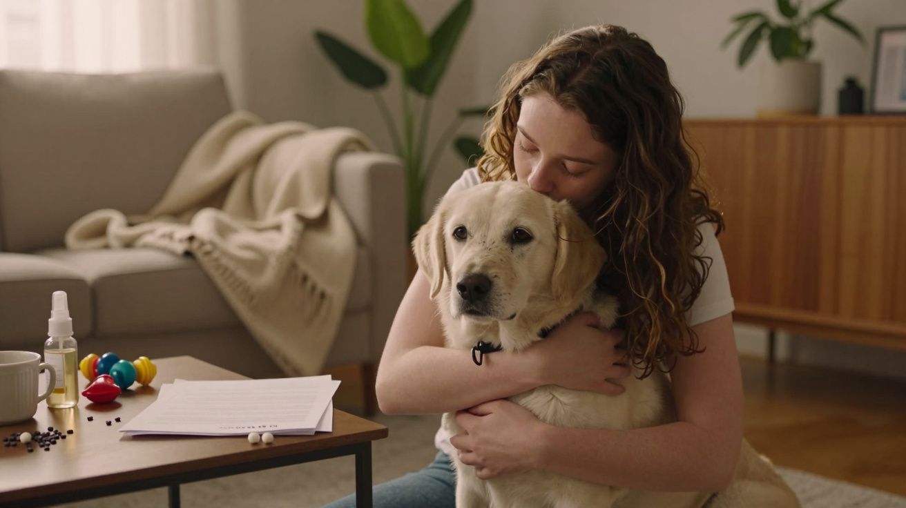 Mulher abraçando um cão numa sala de estar bem iluminada, com objetos e plantas ao fundo.