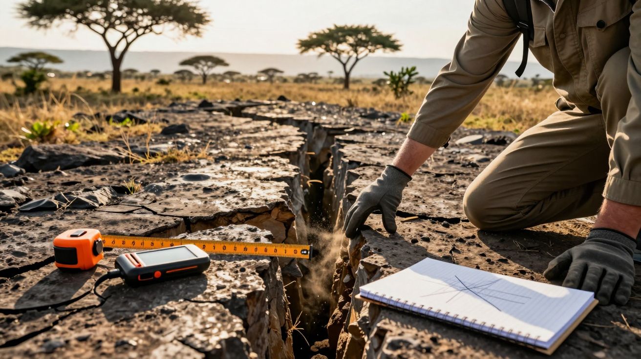 Pesquisador ajoelhado examina fenda no solo, com fita métrica, caderno e equipamento de medição em savana africana.