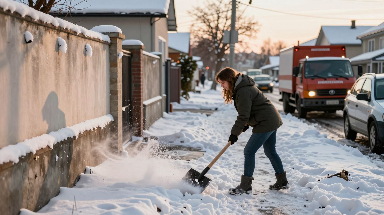 Mulher com pá a remover neve, vestindo casaco e botas, numa rua residencial com céu rosa ao fundo.