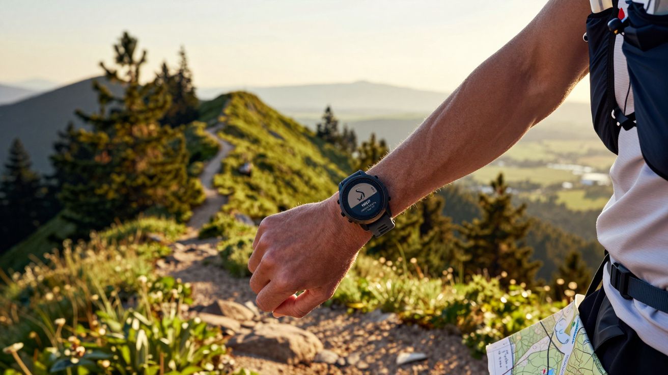 Pessoa com relógio de pulso num trilho de montanha, segurando um mapa. Vista panorâmica ao fundo.