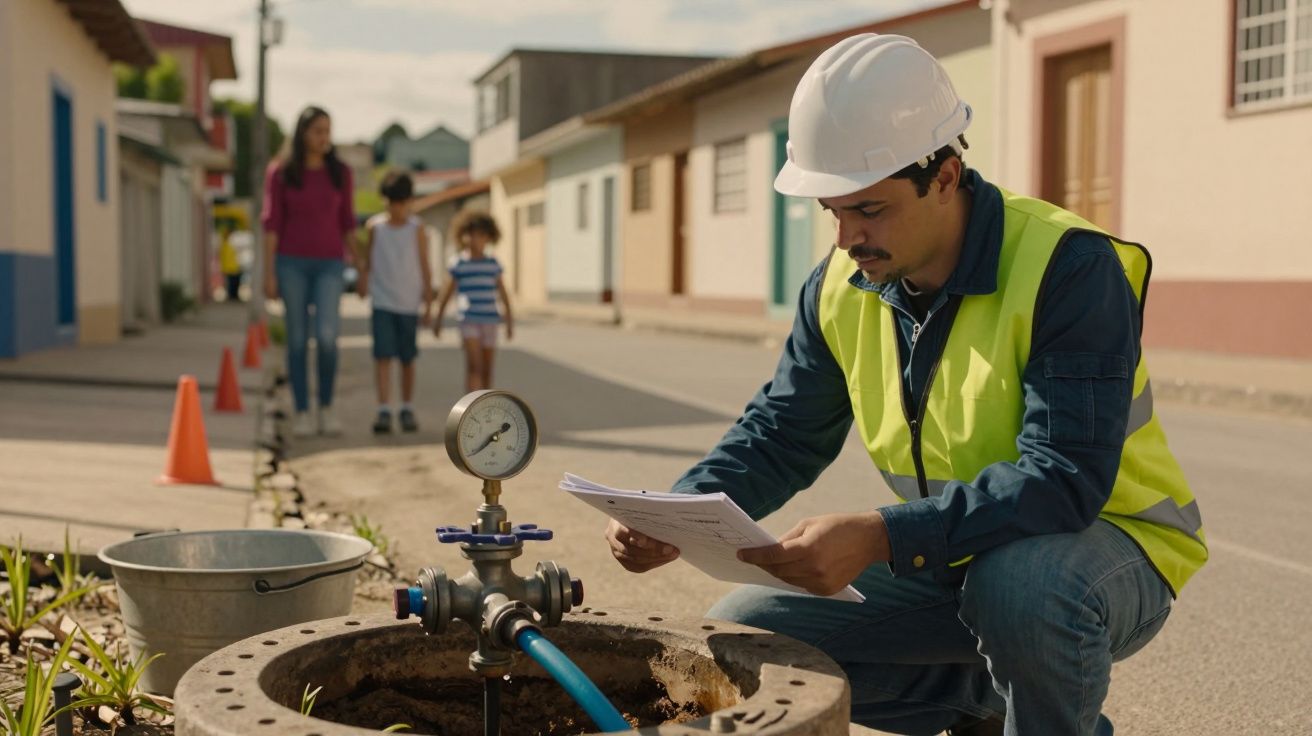 Trabalhador com capacete e colete reflete em papéis junto a equipamento numa rua residencial com cones de trânsito.