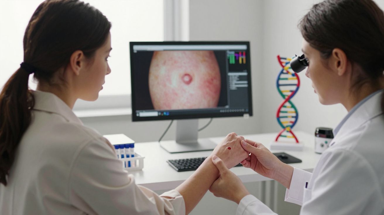 Médica examina braço de paciente enquanto imagem de pele é exibida no ecrã de um computador.