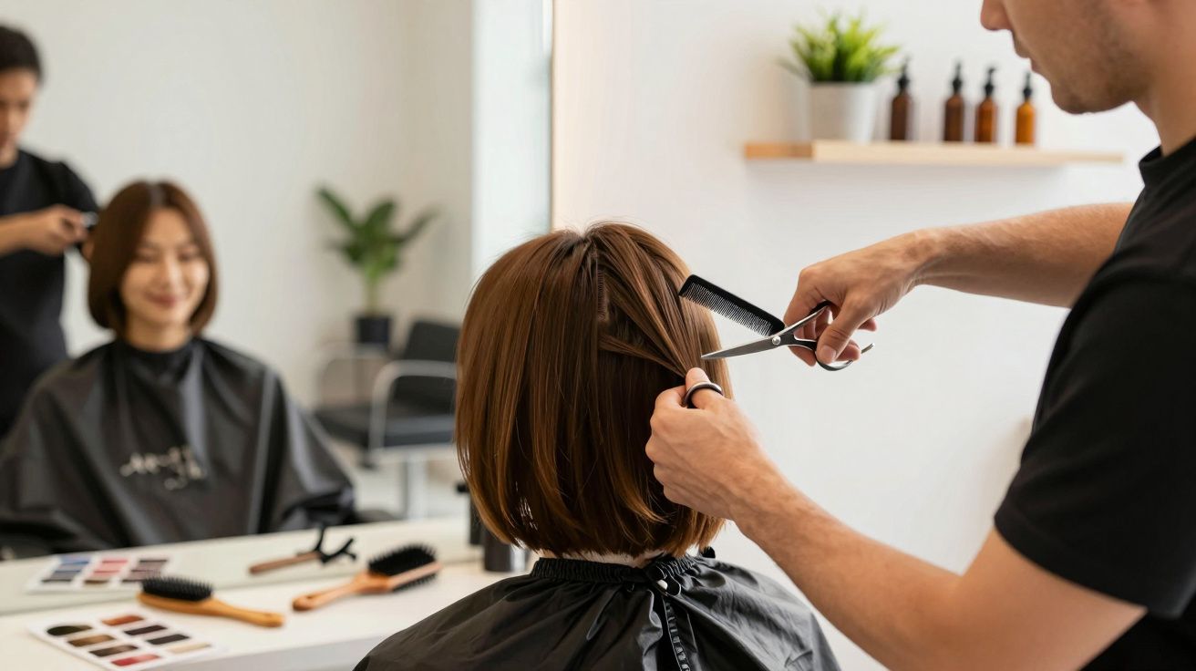 Cabeleireiro corta cabelo castanho de cliente com tesoura, enquanto ela sorri vendo o espelho em salão moderno.