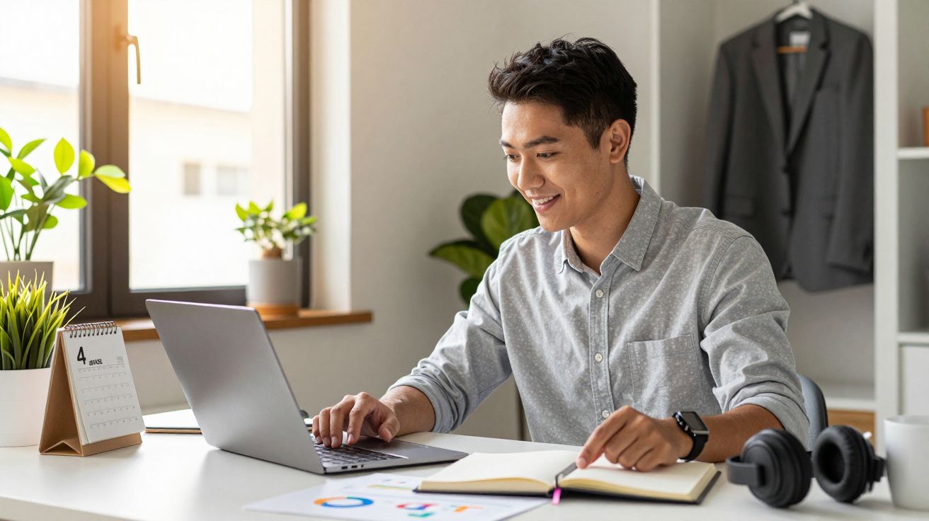 Homem sorridente a trabalhar num portátil, sentado numa secretária com caderno e auscultadores, rodeado de plantas.