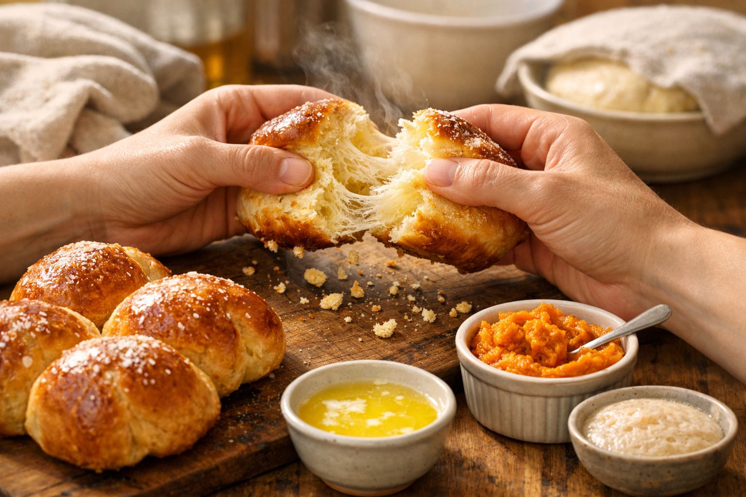 Mãos a abrir um pão quente com manteiga, puré de cenoura e pães no cesto ao fundo, numa cozinha rústica.