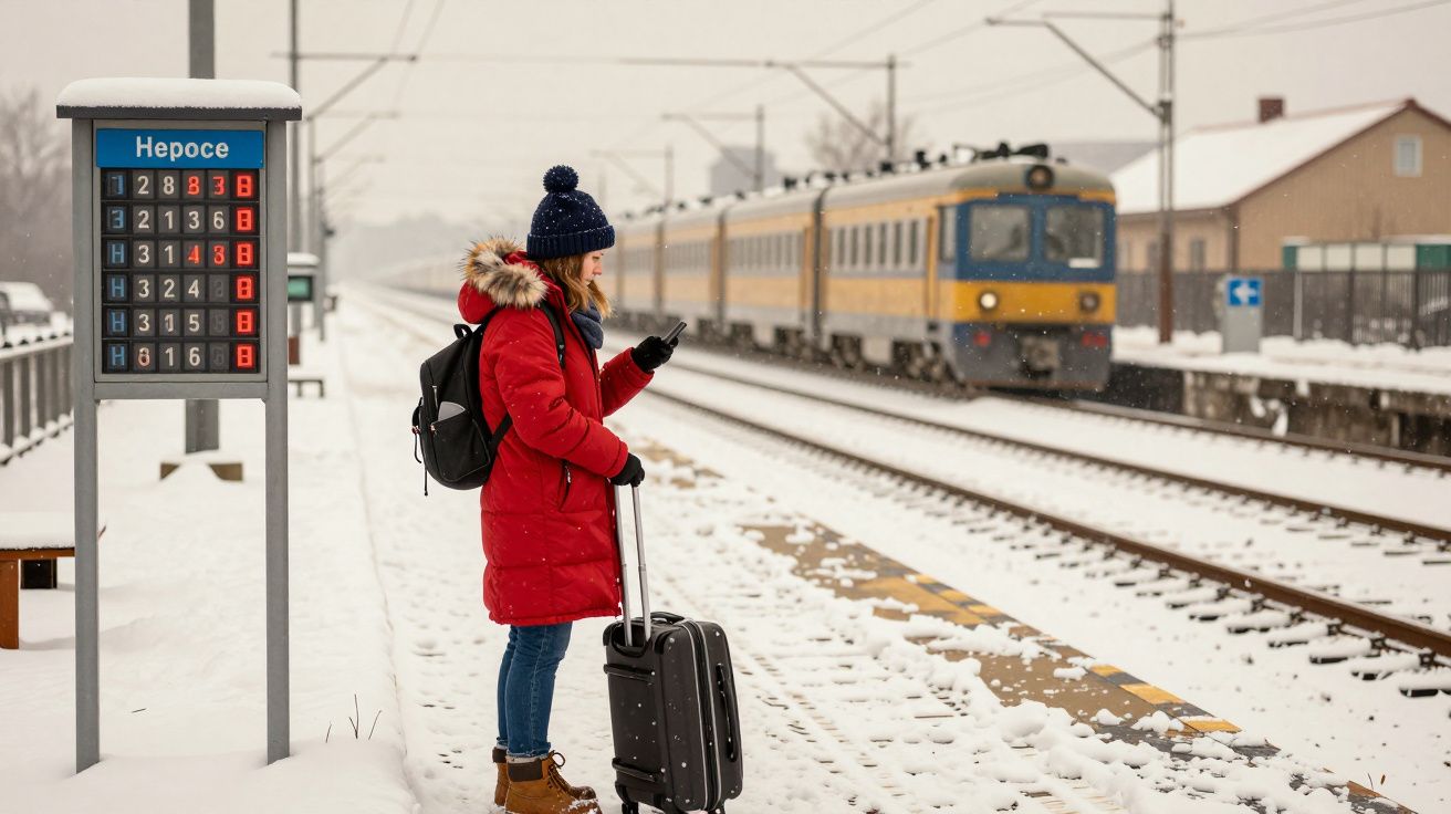 Mulher com casaco vermelho e mala espera por um comboio numa estação coberta de neve.