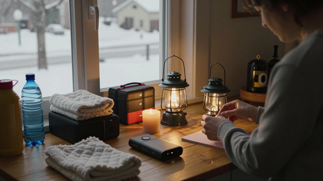 Pessoa acende vela numa mesa perto da janela com cenário de neve. Toalhas, água e lanternas ao redor.