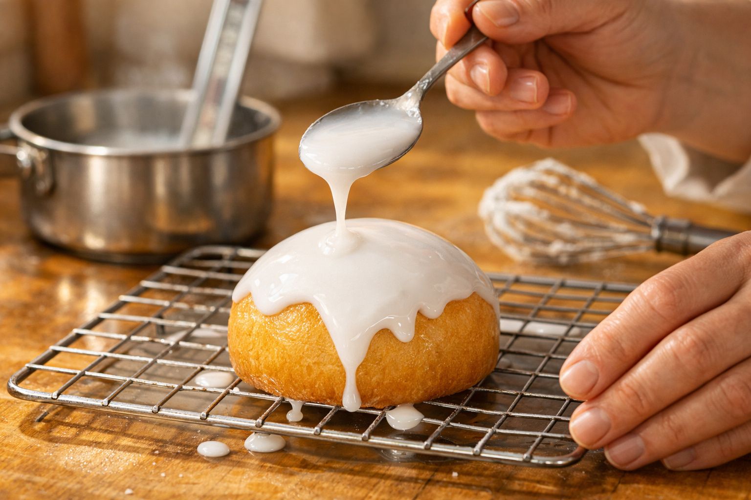 Mão despeja glacê branco sobre um bolo dourado numa grelha; panela e batedor ao fundo.