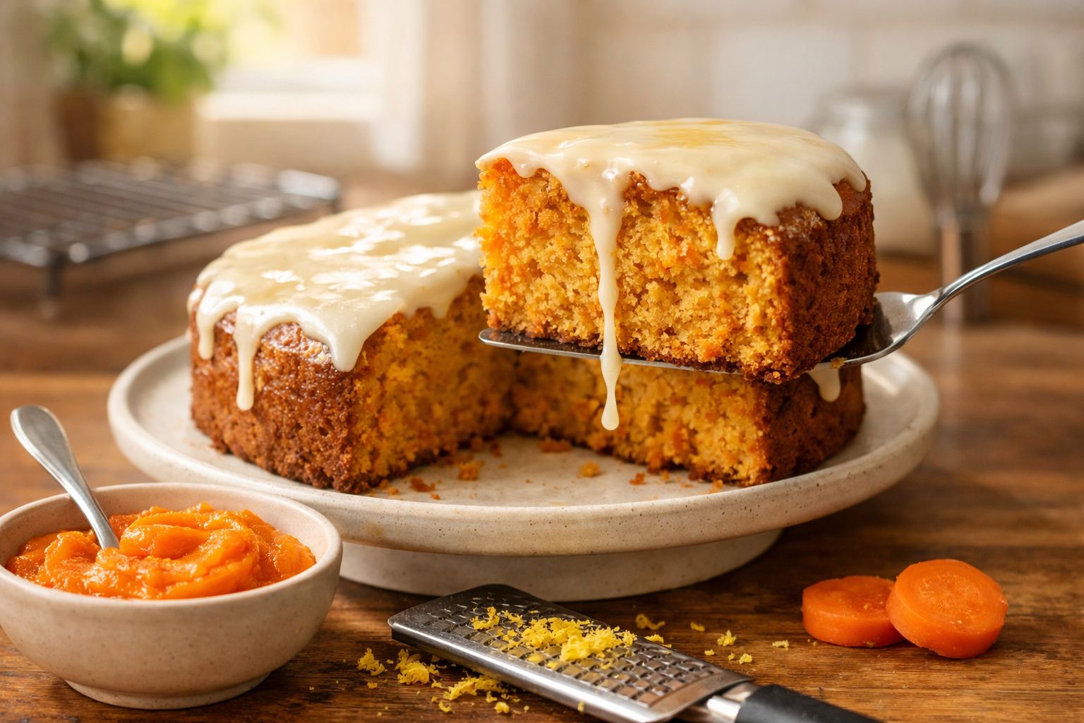 Bolo de cenoura com cobertura de glacê a ser servido, ao lado de puré de cenoura e limão.