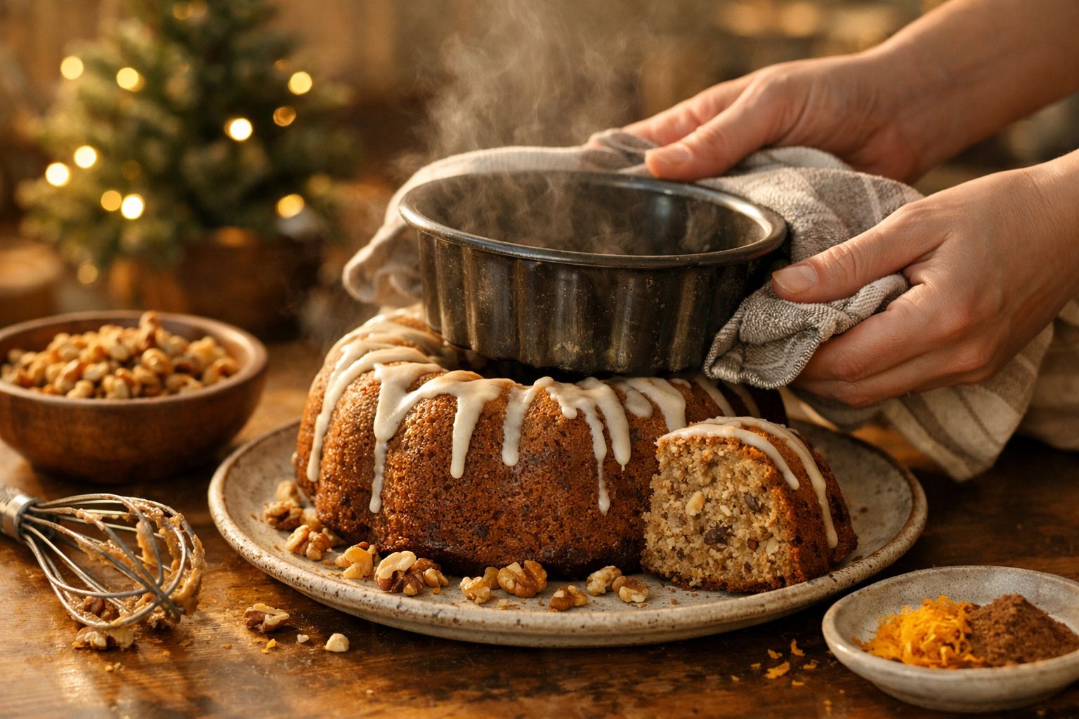 Bolo com cobertura de creme e nozes, sendo regado com mel. Há fatia cortada, laranjas e talheres ao fundo.