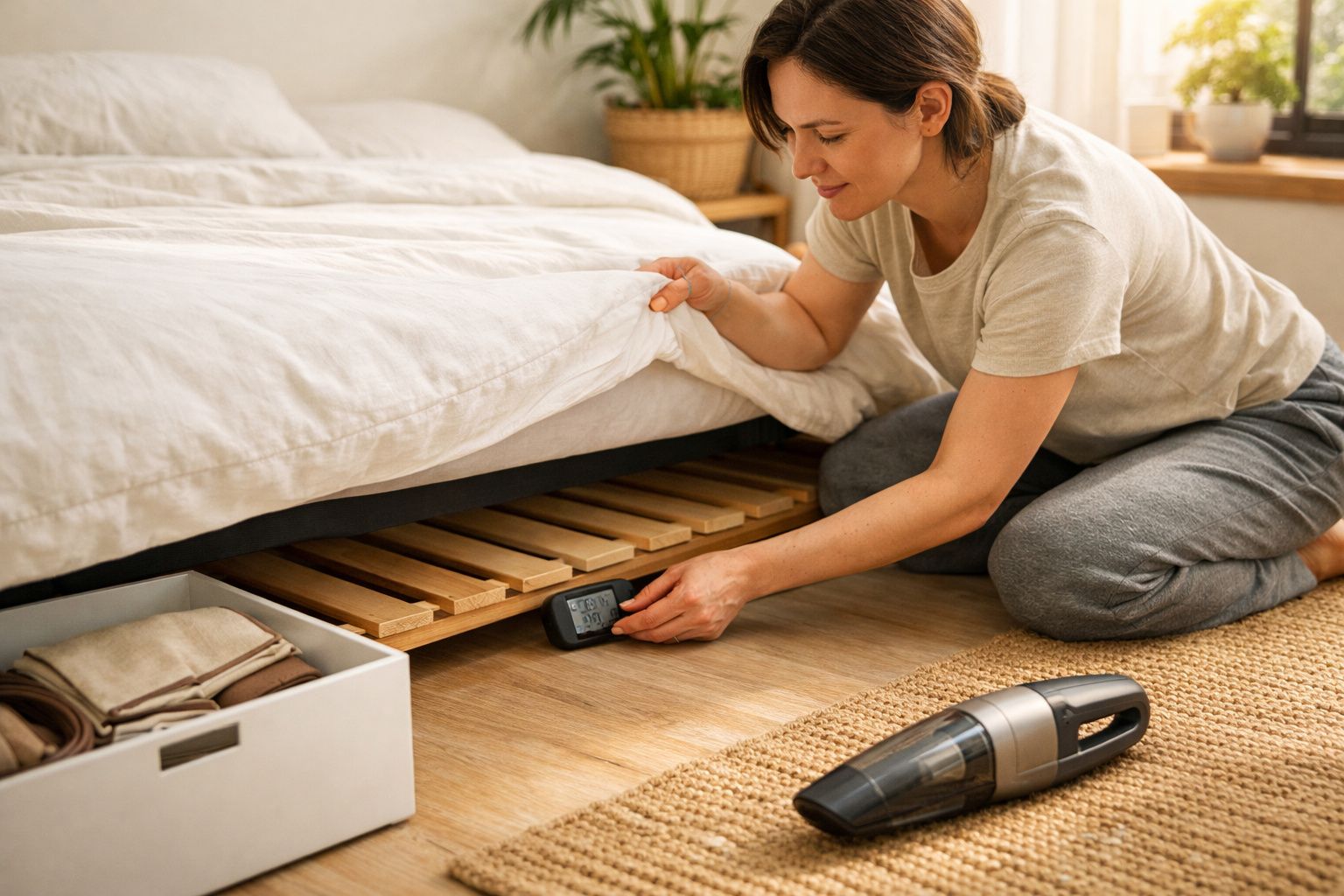 Mulher ajoelhada a arranjar uma tábua da cama, com ferramentas ao lado e planta no fundo.