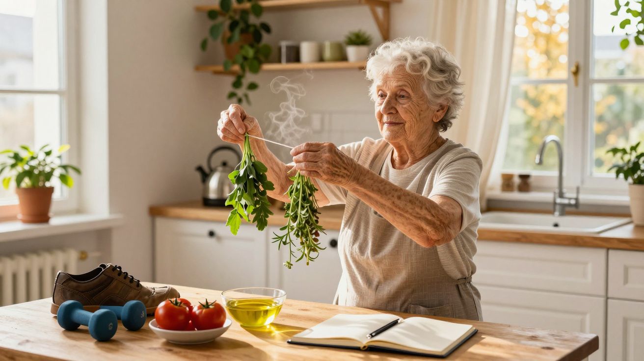 Idosa numa cozinha iluminada a preparar ervas frescas; na mesa há tomates, azeite, halteres e um caderno aberto.