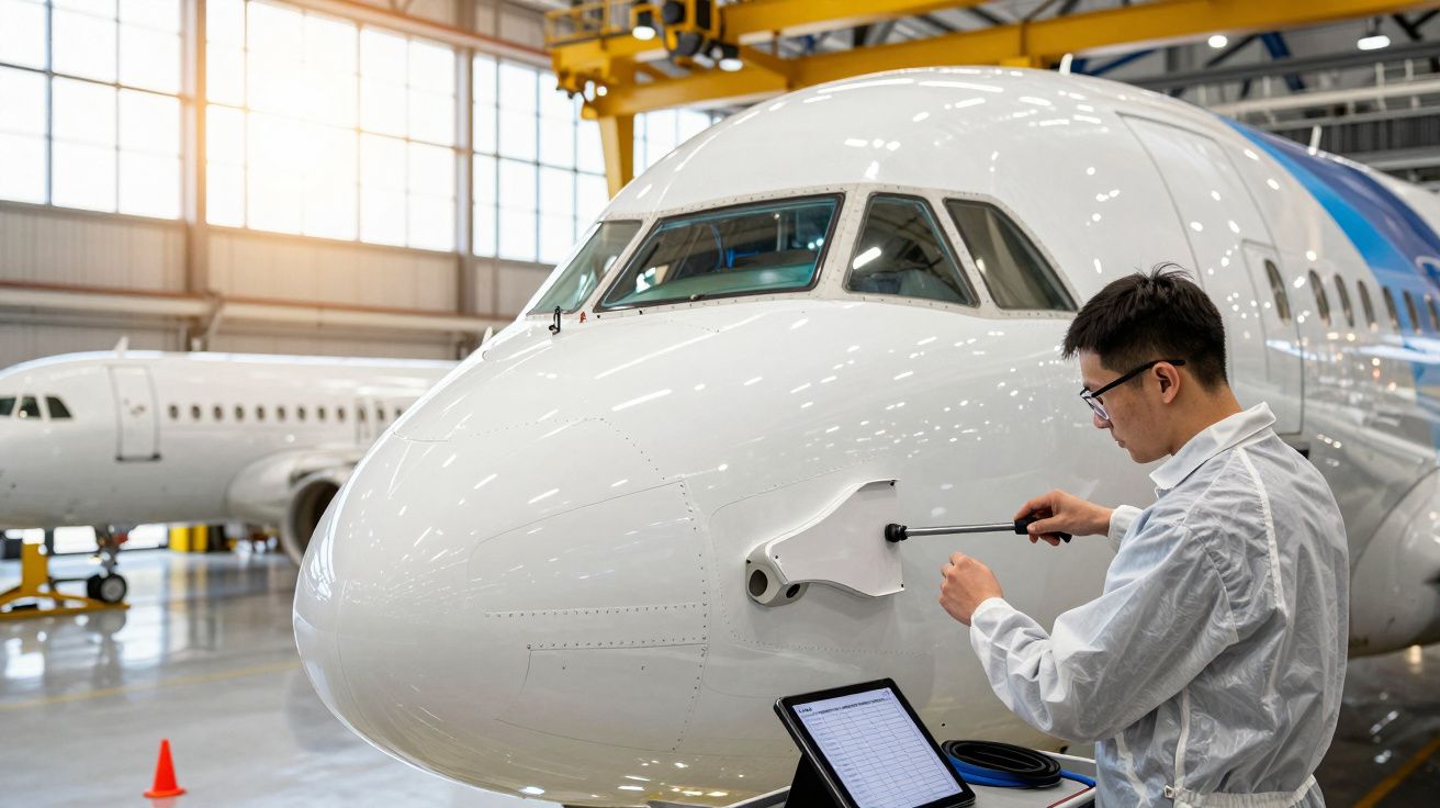 Técnico inspeciona o nariz de um avião num hangar iluminado, com um tablet e ferramenta, outro avião ao fundo.