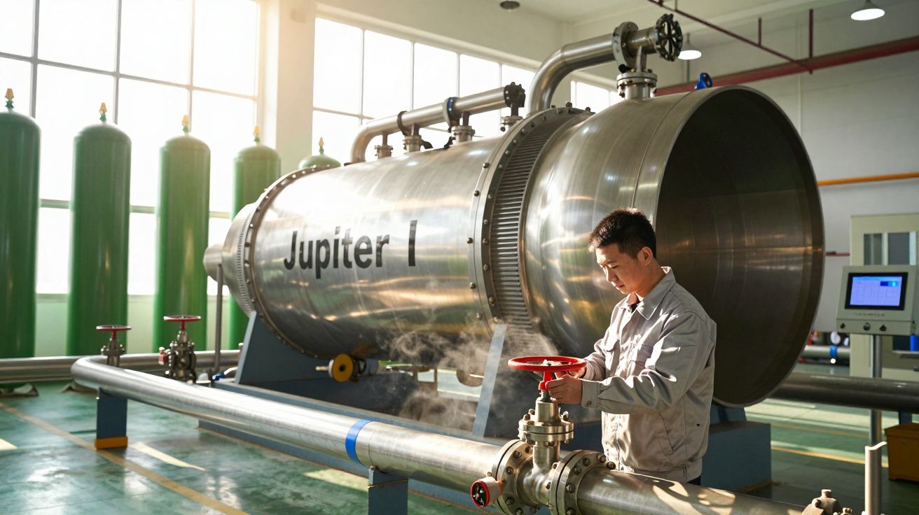 Homem trabalha numa instalação industrial, ajustando uma válvula em frente a um grande cilindro metálico chamado "Jupiter I".