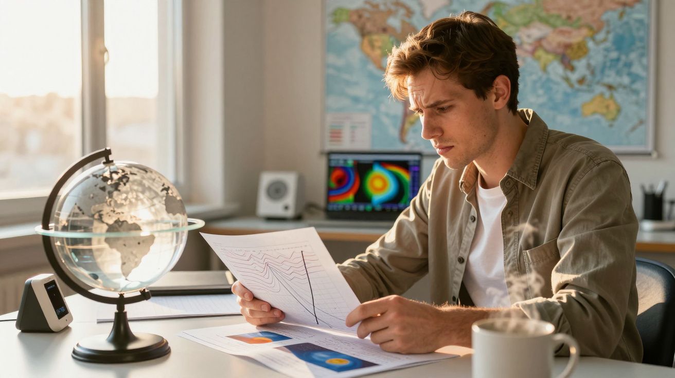 Homem a analisar gráficos numa secretária com um globo, chávena de café e mapa-mundo ao fundo.