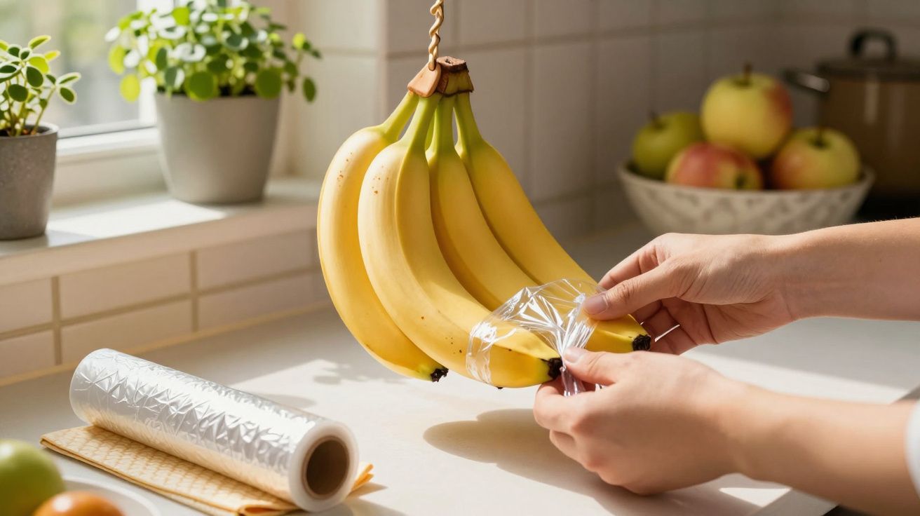 Mãos embrulhando um cacho de bananas com película aderente numa cozinha iluminada pelo sol.