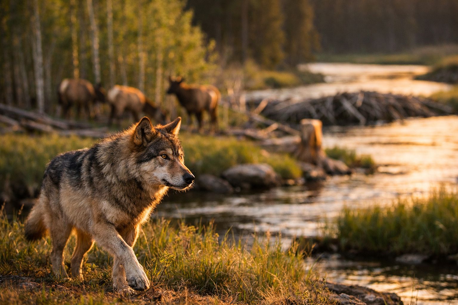 Lobo cinzento à beira de um rio ao entardecer, com alces ao fundo em floresta.