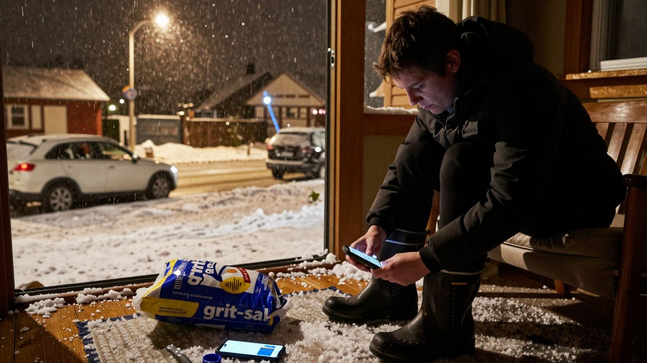 Homem sentado à porta da casa nevada à noite, usando telemóvel, com sacos de sal ao lado.