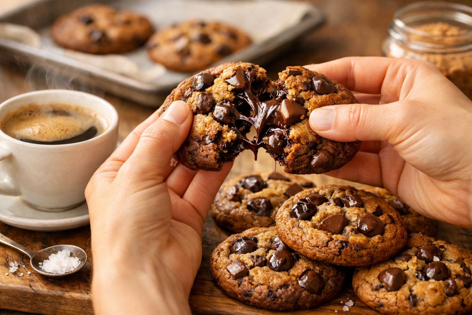 Pessoa a partir bolacha de chocolate, chávena de café ao lado.