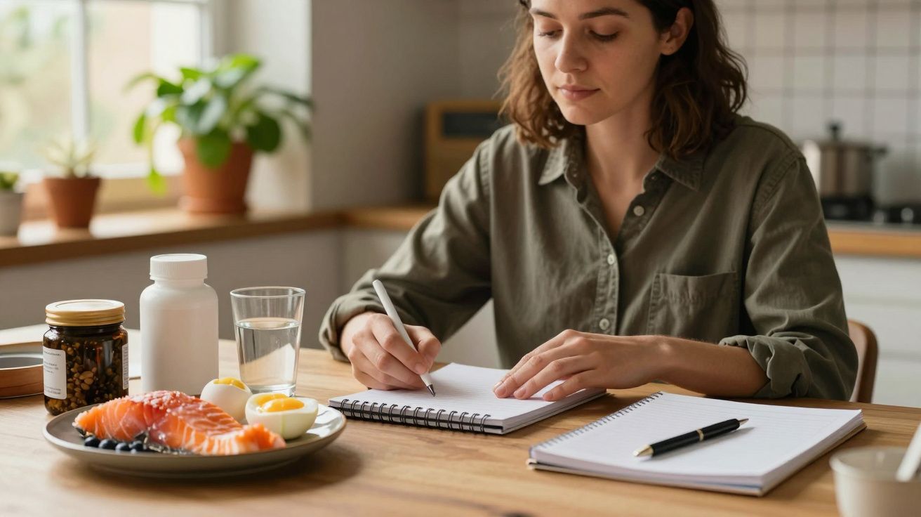 Mulher escreve em bloco de notas na cozinha com prato de salmão, suplementos e plantas ao fundo.